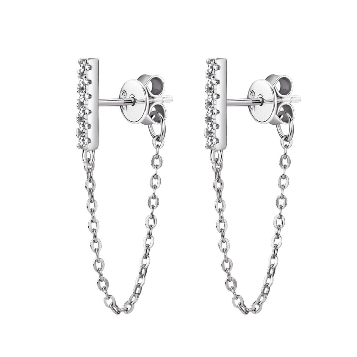 Diamond Bar Stud Earrings With Chain